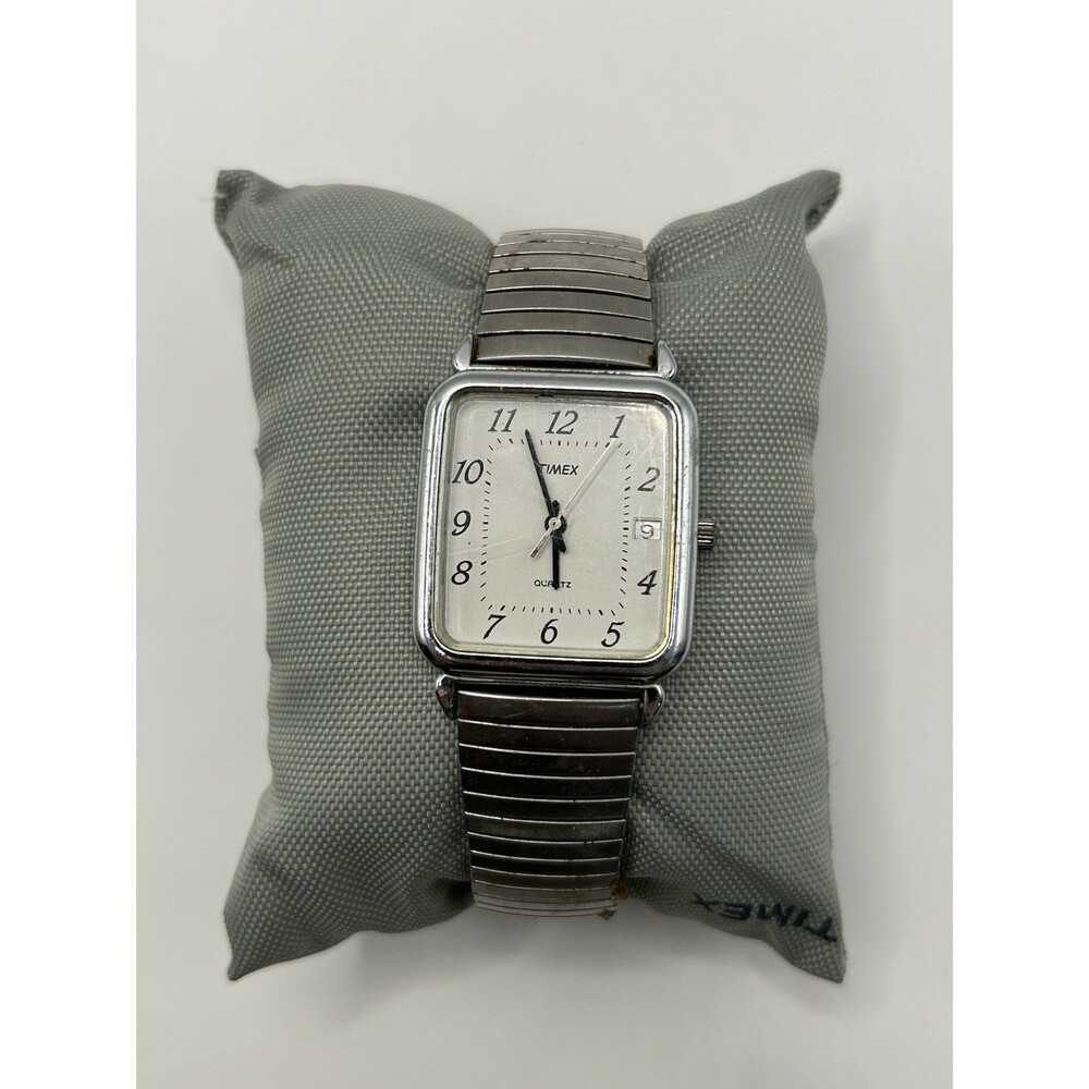 Vintage Timex 1995 Watch 28mm Date Silver Tone Rectangular